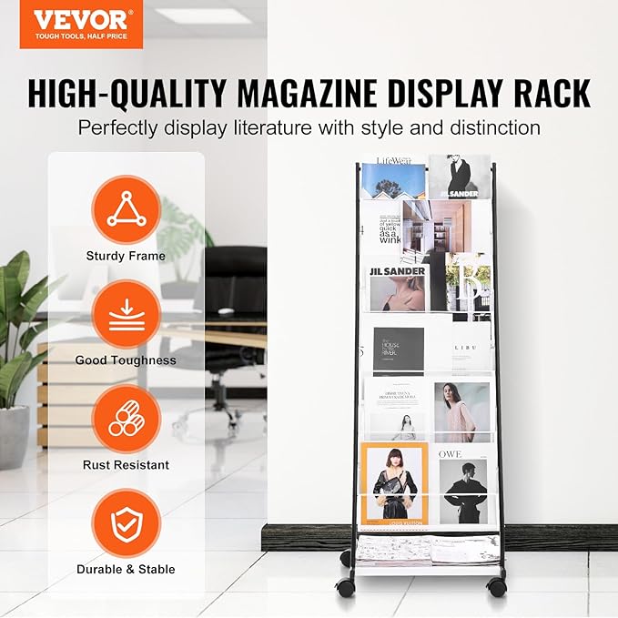 VEVOR Brochure Display Rack, 6-Tier Magazine Literature Display Stand, Floor Standing Magazine Rack Newspaper Catalog Holders, Movable with 4 Wheels (2 Lockable) for Shop Exhibitions Office, 6 Pockets - Image 2