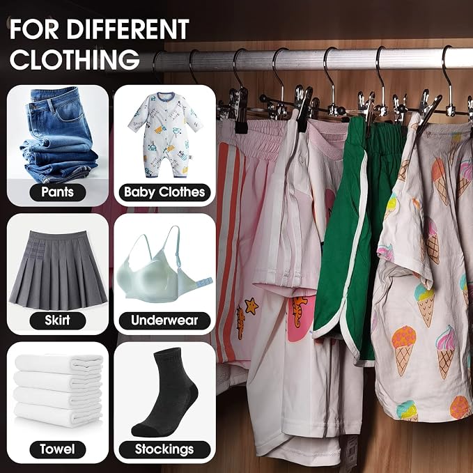 Weysat 100 Pack Pant Hangers with Clips Metal Skirt Pants Hangers Bulk | Adjustable Hangers for Space Saving, Heavy Duty for Clothes, Jeans, Closet Organizer, Silver and Black - Image 5