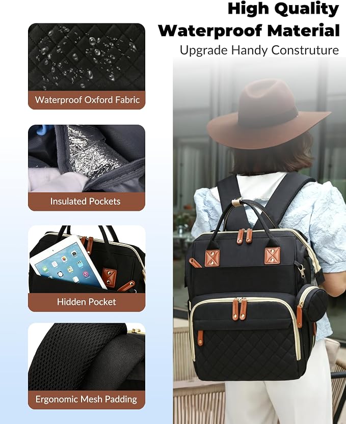 Diaper Bag with Changing Station, Waterproof 3 in 1 Diaper Backpack with Foldable Changing Pad, Insulated Bottle Holders,Large Travel Backpack for Mom & Dad, Baby essentials,Black - Image 6