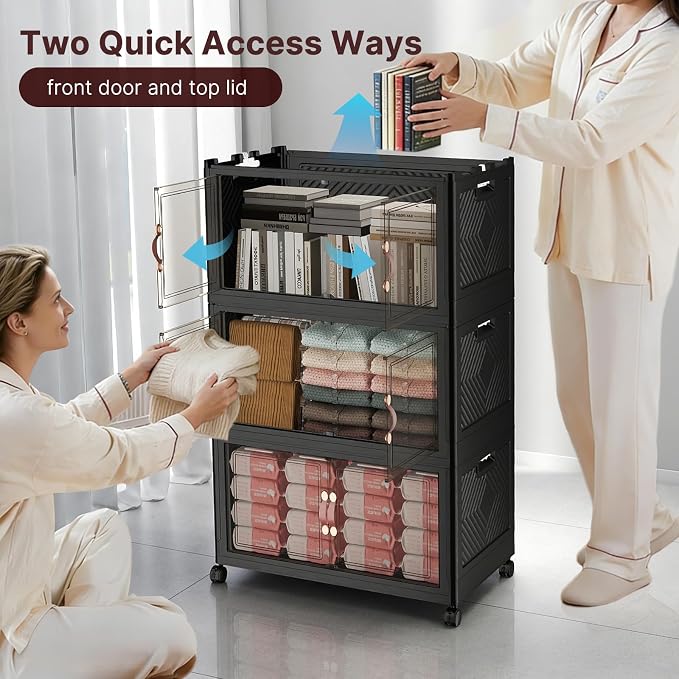 Stackable Storage Bins with Lids, 360QT Lockable Storage Cabinet | Folding Storage Box with Doors and Wheels, Collapsible Plastic Drawers for Home, Garage, Office - Image 3