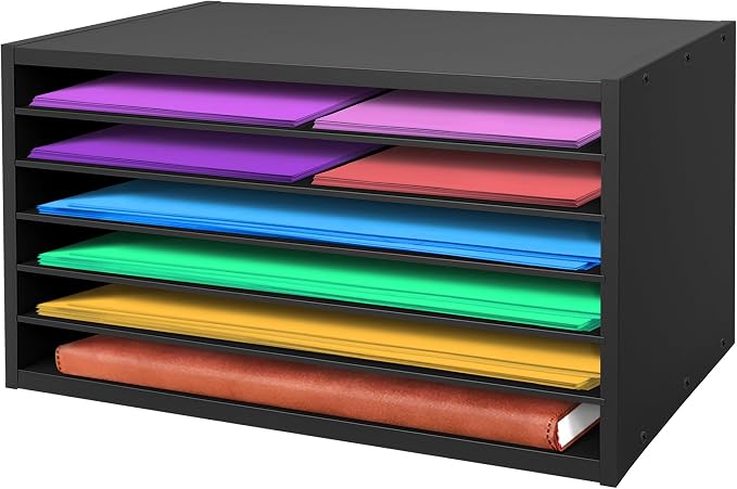 Construction Paper Organizer 20" x 13.5" x12.2",Soild Wooden Paper Organizer with 6-Tier Letter Trays, Desktop File Papers Sorter for Home, Classroom and Office (Black) by Hamstercages