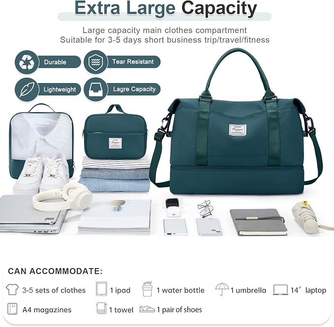 Large Weekender Bags for Women, Travel Duffel Bags with Shoe Compartment,Personal Item Travel Carry on Overnight bag for women Travel 3PCS,Peacock Blue - Image 3