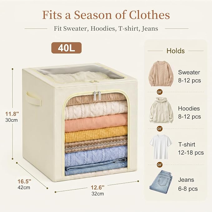 GoMaihe Clothes Storage Bins with Metal Frame for Closet, 40L 4-Pack Beige | Sweaters Hoodies Jeans T-Shirt, Closet Top Shelf Organizer, Collapse-Proof Stackable, Clear Window, Dual Access Space Saving - Image 3