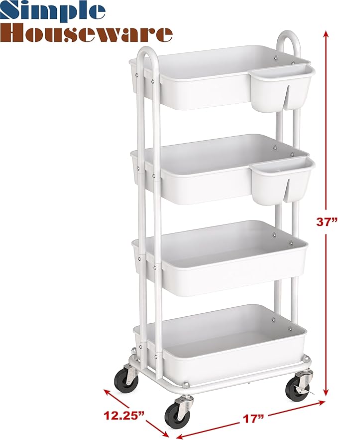 Simple Houseware 4-Tier Rolling Utility Cart with Hanging Bucket, White | Storage for Bathroom, Kitchen, Office, Study Room, Nursery Diaper - Image 6