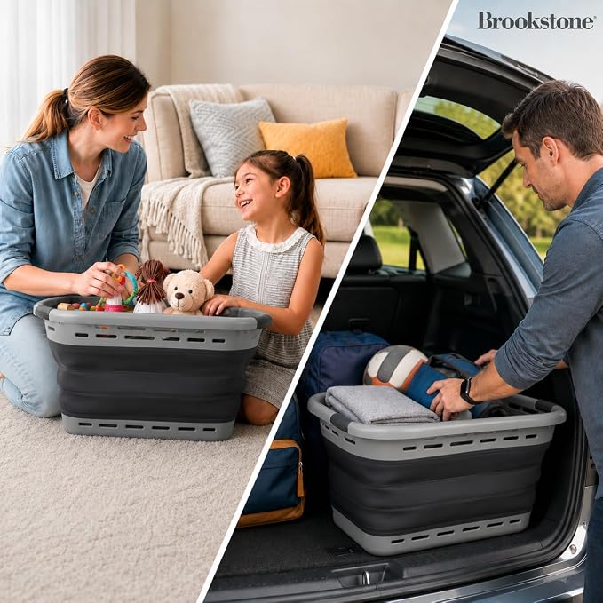 BROOKSTONE 11 GALLON XL 24" Collapsible Laundry Basket & Clothes Hamper, Comfort Non-Slip Handles, Modern Laundry Hamper with Space Saving Design, Portable Pop-Up Hamper, BPA FREE, Grey, 1 Pack - Image 4