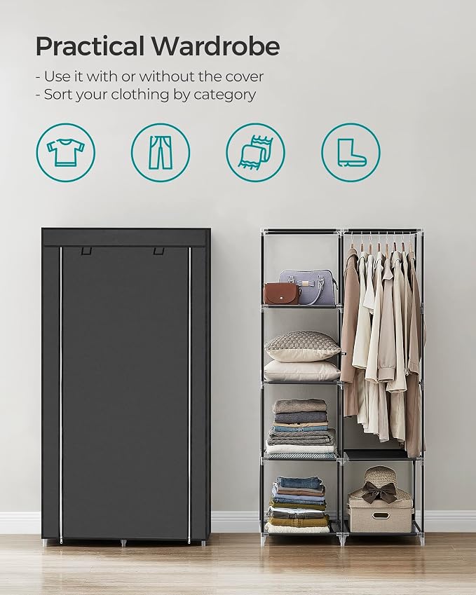SONGMICS Portable Closet, Fabric Wardrobe, Clothes Rack with Shelves, Pockets, Large Capacity, 1 Hanging Rod, 34.6 x 17.7 x 66.1 Inches, Ink Black URYG84BK | Large Capacity, 1 Hanging Rod, Pockets, 34.6 x 17.7 x 66.1 Inches, Ink Black, RYLAN Collection... - Image 3