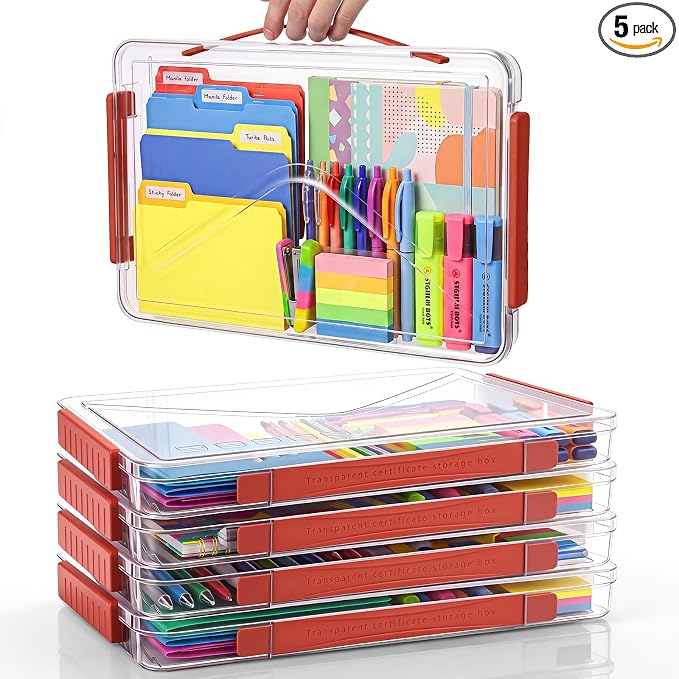 5 Pcs Clear File Storage Box Portable Paper Case with Lid Handle,Red by Unknown