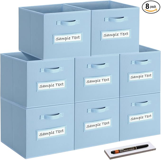 Fabric storage cubes (8 Pack) 11 Inch Cube Storage Bin, cube organizer bins with 8 Labels Window Cards & a Pen, Foldable cube organizer bins and Storage Box, Pastel Blue by Artsdi