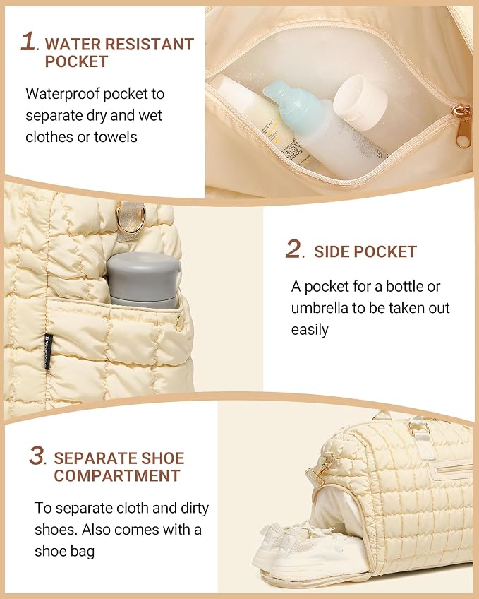 Duffle Bag for Travel, Weekender Bag with Shoe Compartment, Carry On Overnight Bag for Women with Toiletry Bag, Gym Bag with Wet Pocket, Hospital Bags for Labor and Delivery Beige - Image 4