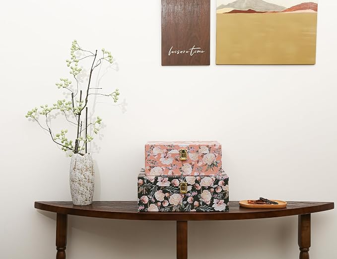 2-Piece Vintage Floral Keepsake Boxes with Lids, Romantic Botanical Garden Design, Decorative Cardboard Memory Storage with Gold-Tone Accent, Elegant Home Décor Storage - Image 2