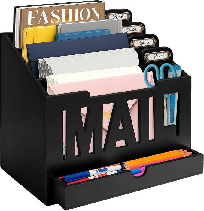 Mail Organizer Countertop, Desktop Mail Sorter with Drawer & Label Tags, BK | Bills, Letters, Envelopes & Receipts by ADDFITHOUSE