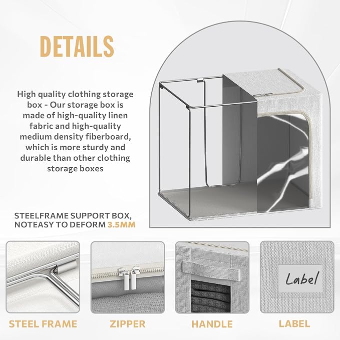 FHSQX 2 Pack Clear Window Storage Bins Large Stackable Linen Fabric Storage for Clothes Foldable Container Organizer Set with Carrying Handles (Lvory White, 15.7x 11.8x 7.8Inch) - Image 5