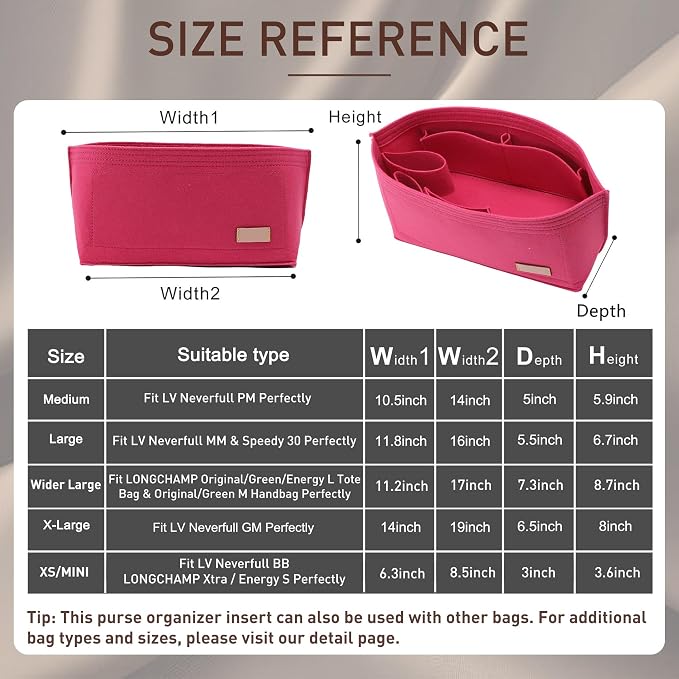 Purse Organizer Insert for Handbags & Base Shaper 2pc Set, Felt Neverfull GM Organizer Insert, Tote Bag Organizer with Zipper Pocket and Bottle Holder, Fit Neverfull GM and More, Rose-XL - Image 2