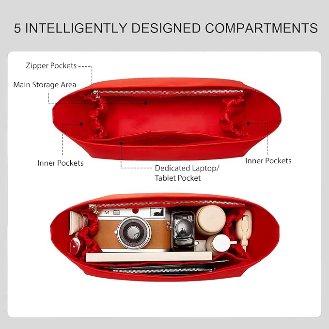 Nylon Purse Organizer Insert for Lv Neverfull MM Bag, Tote Dividers | Neverfull MM Organizer Red, 5 Compartments Storage, Zipper Pocket, Bottle Holder, Protects Bags, Easy Clean, For Travel - Image 3