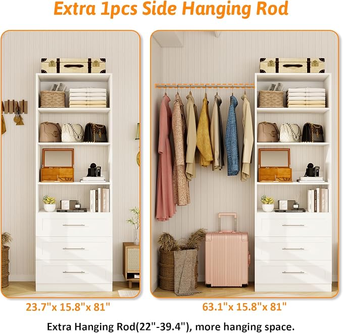 Closet System with 9 Drawers & 12 Shelves, Wood Closet Organizer System with 3 Extra Hanging Rod for Walk in Closet, Modular Closet Organizer System White(6FT) - Image 4