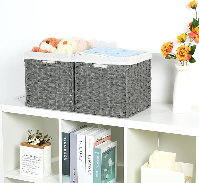 Bidtakay Wicker Baskets for Shelves Waterproof Imitation Wicker Cube Storage Bins with Liners for Organizing Closet Cabinet 11x11 inch Storage Cube Organizer for Pantry-Dark Grey 2-Pack - Image 3