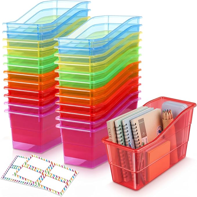 Blosssound 24 Set Book Bins for Classroom Stackable,Translucent Colorful | Plastic Baskets with Labels, Slanted Front, Library Supplies Organizers, Desktop Storage Bins, Teachers Home School Use by Blosssound