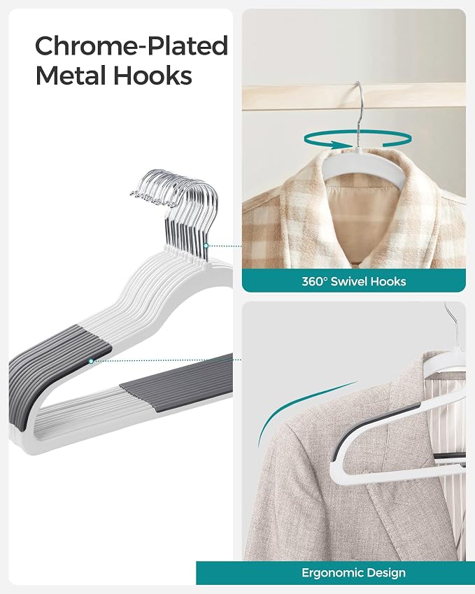 SONGMICS Plastic Clothes Hangers, Pack of 30, Non-Slip, Space-Saving | 0.2 Inches Thick, 17.7 Inches Wide, 360° Swivel Hook, White and Dark Gray, BREANNA Collection UCRP050W03 - Image 5
