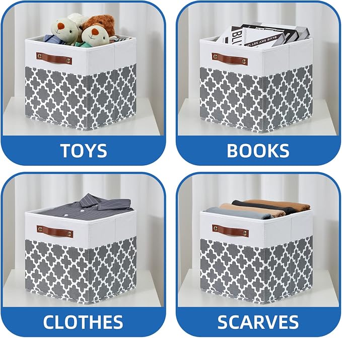 Temary 11x11x11 Cube Storage Bins Cube Organizer Bins 4 Pack Canvas Storage Bin for Home, Cube Storage Basket with Leather Handles(Grey Lattice) - Image 4