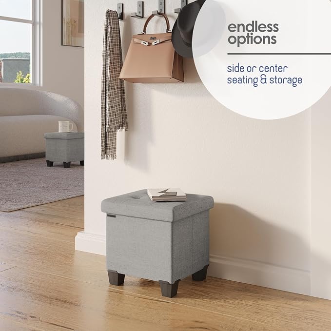 Storage Ottoman Cube with Small Bin, 15-in Square Ottoman with Storage for Living Room and Bedroom, Small Ottomans Foot Rest, Fabric Foot Stools Ottomans Max 330lbs, Light Grey - Image 6
