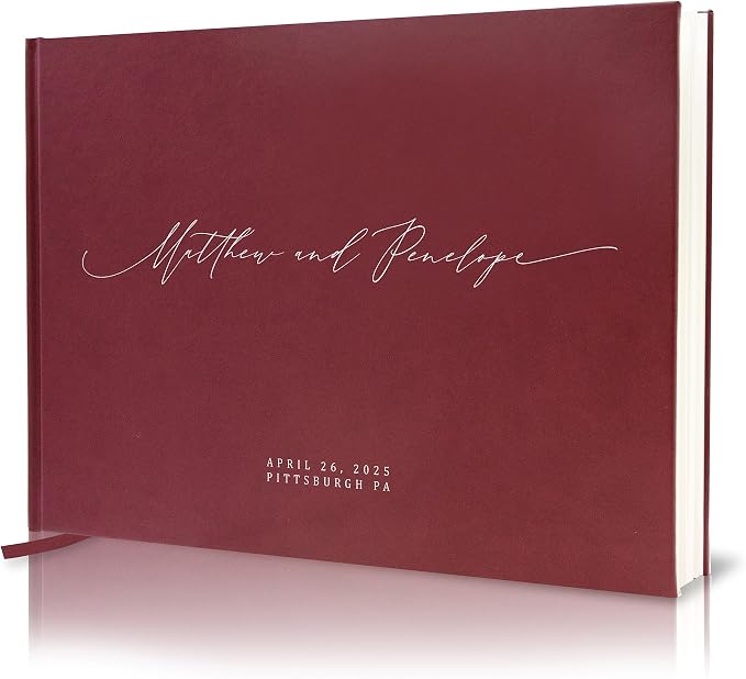 Personalized Guestbook in Wine - Premium Custom Modern Guest Book for Wedding Reception, Birthday Party or Events w/Bookmark Blank Pages for Signing 11.5 x 8.5 inches by MUUJEE