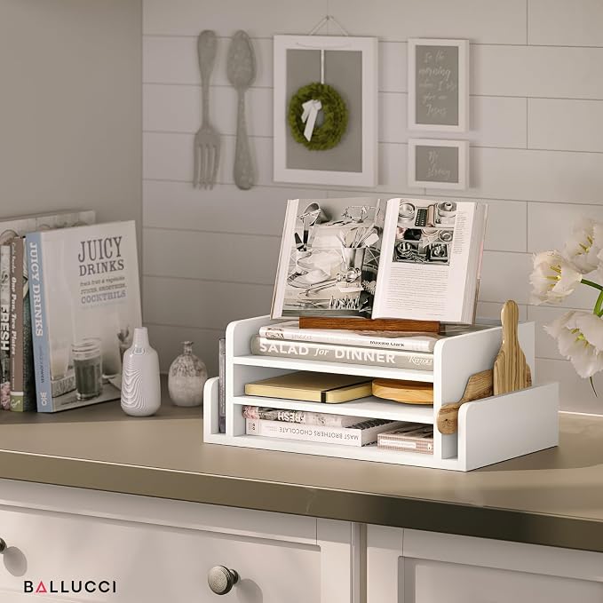 Ballucci 3-Tier Desk Organizer with 2 Side Mail Sorter Slots, Wood Letter Tray, Open Top Paper Organizer, Desktop File Organizer, White - Image 7