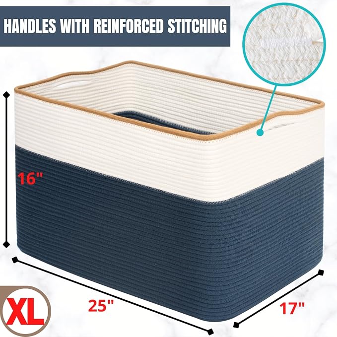 112L Extra Large Blanket Basket Holder Living Room, 25"x17"x16" Rectangle Rope Woven Storage Basket with Handles for Laundry, Towels, Shoes, Dog Toy Organizer Bin Box, Prussian Blue - Image 7