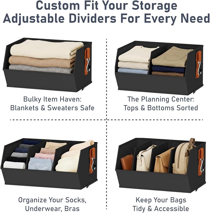 DIMJ Hanging Closet Organizer Extra Large, Clothes Hanging Shelves for Closet with Divider, Collapsible Closet Storage System, Fabric Storage Bins for Home, Black, 15.75 × 12.20 × 9.44, 3 Pack - Image 5
