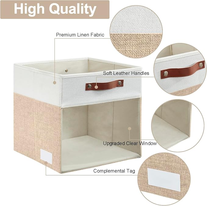 Storage Cubes, 4 Pack Linen Foldable Storage Bins (13 x 13 inch) with Clear Window and Handles, Fabric Organizer for Shelf Closet, Clothes, Books - (Beige and White) - Image 4