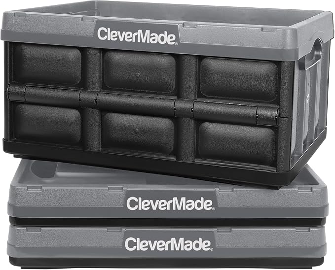 CleverMade Collapsible Storage Bins, 32L, 3 Pack Foldable Storage, Stone | Turn Trunk and Garage Clutter into Stackable Order | Reinforced Plastic Handles Up to 66 lb, Then Nests Compactly When Folded - Image 10