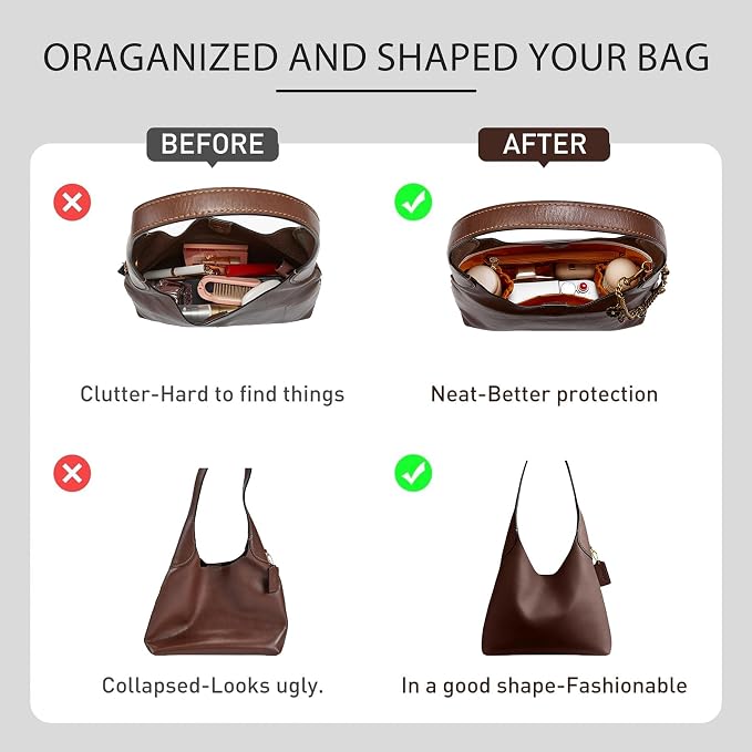 Tyvek Purse Organizer Insert for Coach Brooklyn 28 Shoulder Bag | Waterproof Bag Insert, 5 Pocket Storage, Elastic Bottle Holder, Zipper Pocket, Tote Bag Dividers, Everyday Use, White Maple - Image 4