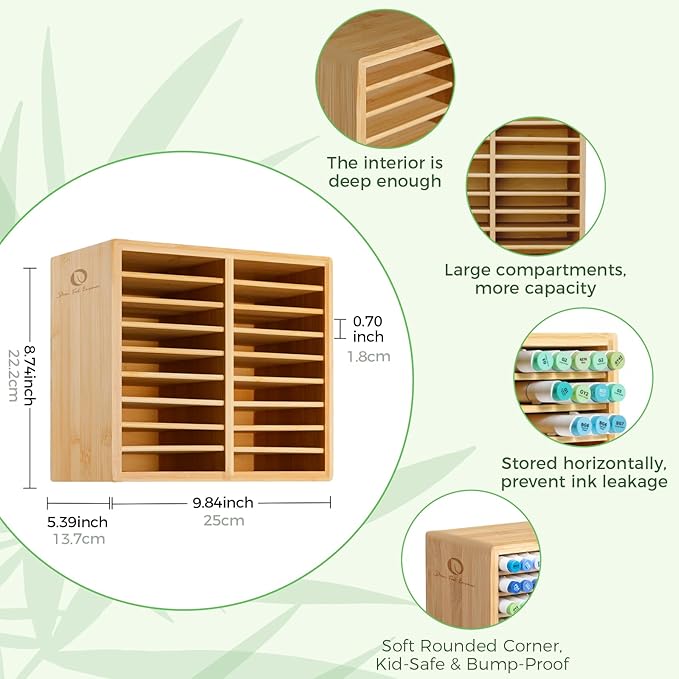 Ohuhu Bamboo Marker Organizer, Wooden Desktop Storage Holds 126 Markers | Markers Pens Pencils Art Brushes Stationary Organizer Pencil Holder with 18 Compartments for Classroom Office Decor Home - Image 2