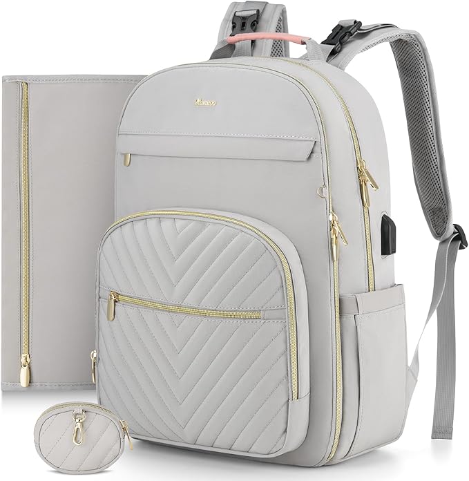 Diaper Bag Backpack, Quilted Baby Bag with Changing Pad and Stroller Straps and Pacifier Case, Multifunction Waterproof Travel Diaper Bags, Unisex, Light Grey and Pink by MOMUVOOFFICIAL