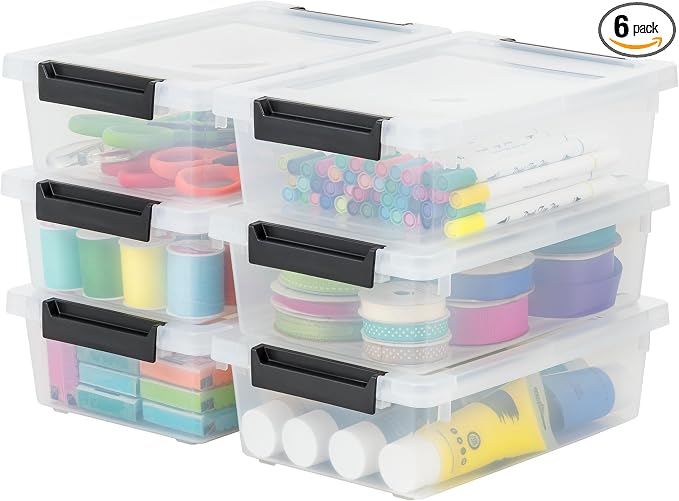 IRIS USA Storage Bins with Lids |Made in USA| 2 Qt - (6-Pack) - Clear/Black | Sensory Craft Organizers, Plastic Clip Box Totes, Flat Containers for Organizing Paper, Office, Art & Study Supplies by IRISUSA