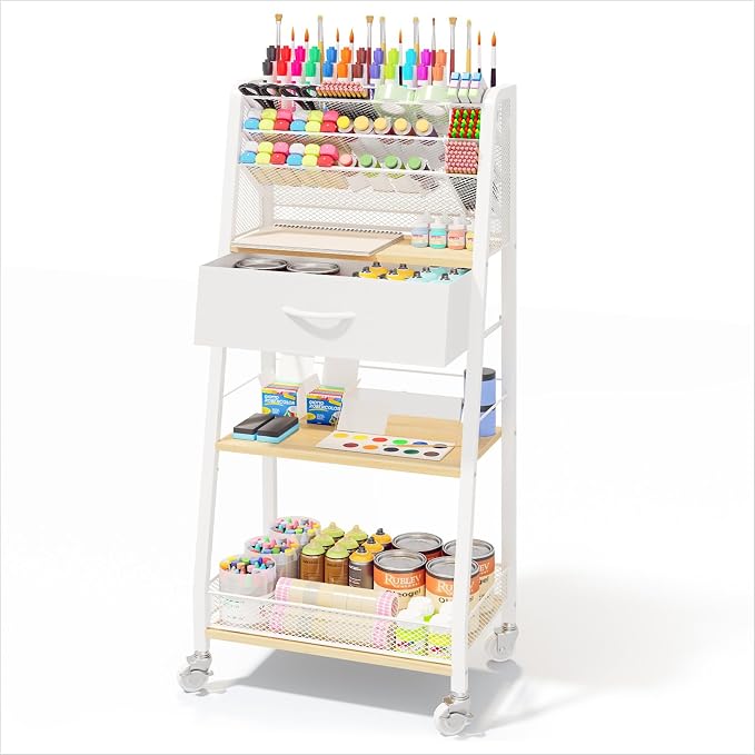 3 Tier Rolling Cart - Metal Utility Cart with Storage Drawer and Wheels, Versatile Art & Craft Organizer for Home, Office, or Studio - Ideal for Storing Brushes, Paints, and Supplies（Maple） by Homsorout
