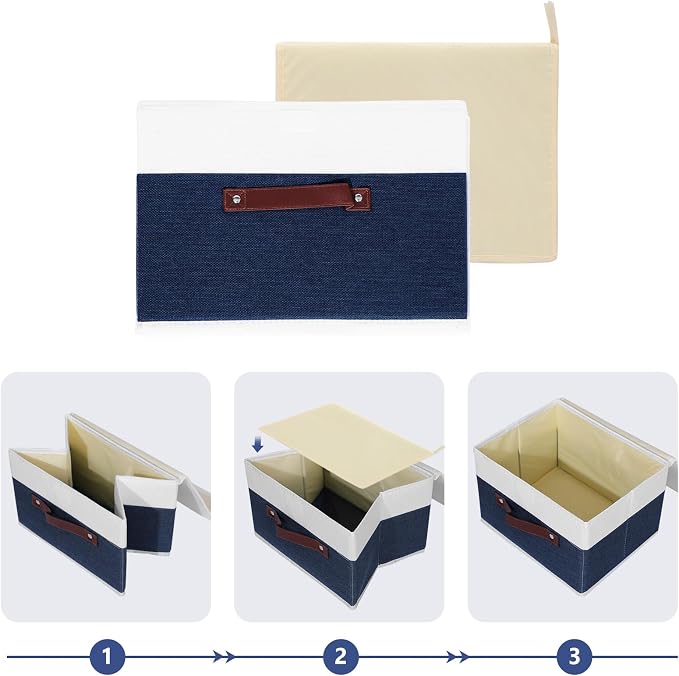 ANMINY Fabric Storage Box Bins with Lids, Blue White, 10"x8"x7" | Keepsake Memory Storage, Cotton Linen, PP Board Reinforced, Washable, PU Handles, Foldable & Stackable, Decorative, Small - Image 5