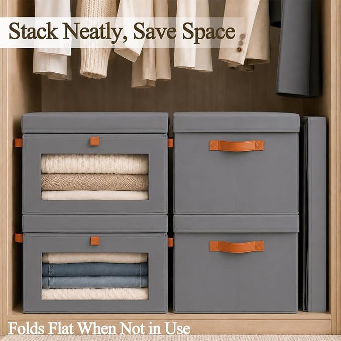 combocube Storage Bins with Lids, 4 Pack Large Fabric Closet Organizer | 800gsm PP Board, Front Opening & Easy-Access Window, 3-Handle Design, Dust-Proof Collapsible Boxes for Sweaters, Blankets - Image 6