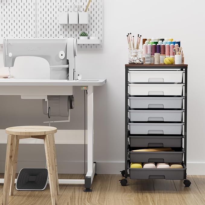 Rolling Storage Cart with 8 Drawers, Utility Cart on Wheels with Wooden Tabletop, Utility Cart for Teacher Storage, Office Organizer, Classroom Storage Cart, Craft Storage, Grey | Utility Cart on Wheels with Wooden Tabletop,Teacher Organization for Cla... - Image 2