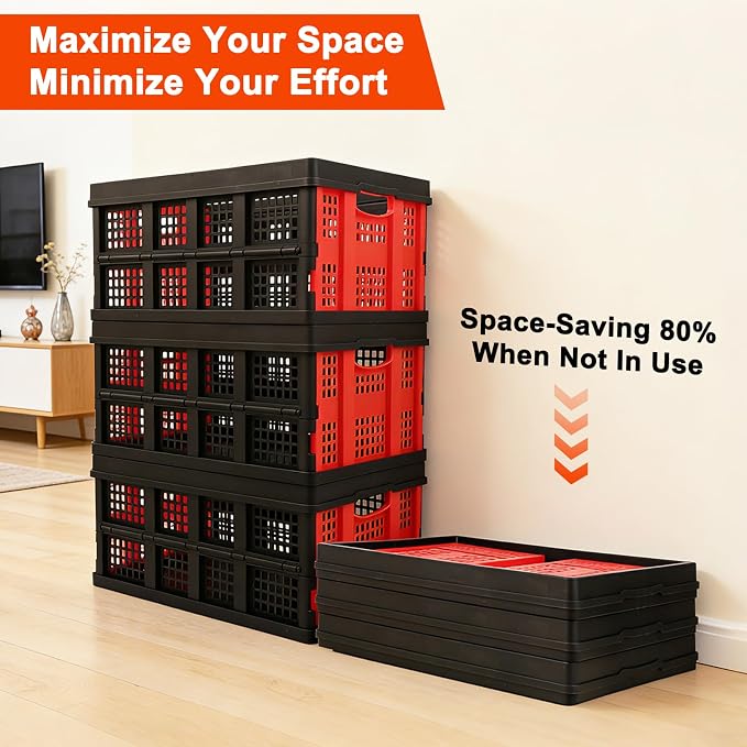 55L Collapsible Storage Bins with Handle 3 Packs, | Stackable Platic Storage Crates for Organizing Tools, Books, Food, Drinks, Camping & Home - Image 4