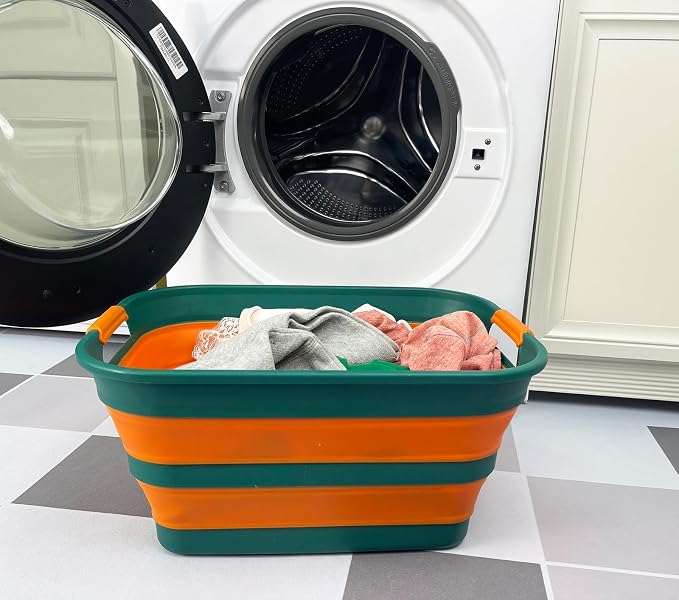 SAMMART Collapsible Plastic Laundry Basket with Handle/Foldable Pop Up Storage Hamper/Portable Laundry Organizer-Space Saving Washing Tub/Household Storage (Teal Green/Autumn leaf, 27L) - Image 2
