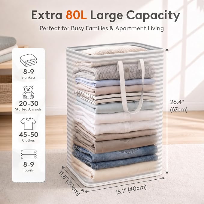 Lifewit 2 Pack Laundry Basket 80L Each, Collapsible Clothes Hamper with Reinforced Handles, Freestanding Waterproof Design for Bedroom and Laundry Room, Grey 160L Total - Image 2