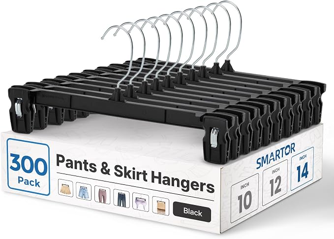 Smartor Black Pants Hangers 300 Pack, Skirt Hangers with Clips, 14 Inch | Strong Non-Slip Clips, 360° Swivel Hooks; Wide Plastic Clip Hangers for Adult Jeans, Trousers, Slacks and Heavier Bottom by Smartor