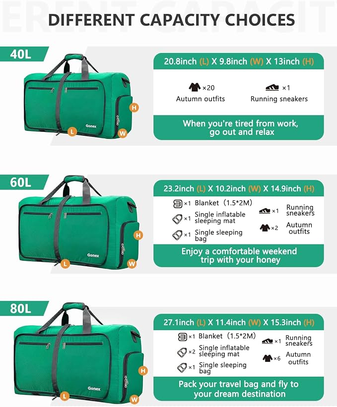 Gonex 60L Foldable Travel Duffle Bag with Shoe Compartment, Lightweight | 210D Nylon, Water-Repellent, Folds Compact, Multiple Pockets, Luggage Sleeve, Weekend Trips & Camping, Mint Green - Image 4