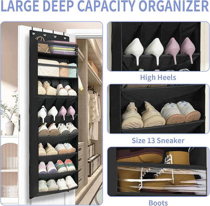 1 Pack 8 Shelves Over The Door Shoe Organizer, 68" Exlarge Deep Pockets | Hanging Shoe Organizer, Shoe Rack for Closet, Shoe Holder for Boots, Sneakers, Heels, Over Door Organizer in Home, RV, Black - Image 4