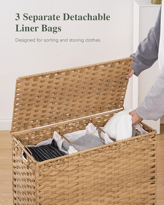 SETVSON Laundry Hamper with Lid, 35 Gal 3-Bag Clothes Sorter, Natural | Large Family Laundry Trunk with Lid, 3 Compartment Sorting Liner, 6 Wash Bags, Elevated PE Rattan Bin with Handles - Image 3