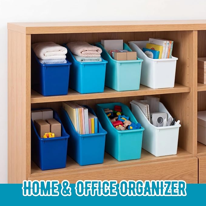 Geetery 12 Pcs Book Bin for Classroom with Labels Stackable Plastic Organizing Bins 11.5 x 5.4 x 7.5 in Book Holders Storage Bins Box Baskets for Classroom Library Home (Blue Color Scheme) - Image 4