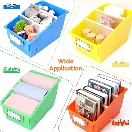 6 Pack Picture Book Bins with Dividers Plastic Book Holders with Labels Stackable Classroom Organization Bins Magazine File Binder Holder Storage Container for Classroom Library Home Office(Colorful) - Image 6