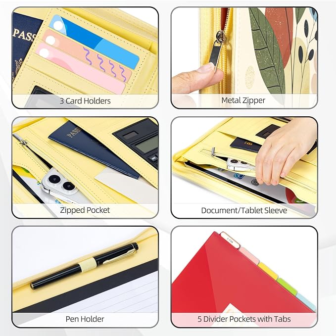 Ospelelf Vintage Leather Portfolio Binder 3 Ring, Zippered Clipboard Folder with Storage - 5 Dividers with Pocket, Padfolio for Women,12.1” Tablet Sleeve, Refillable Notepad, Card Slot - Image 4