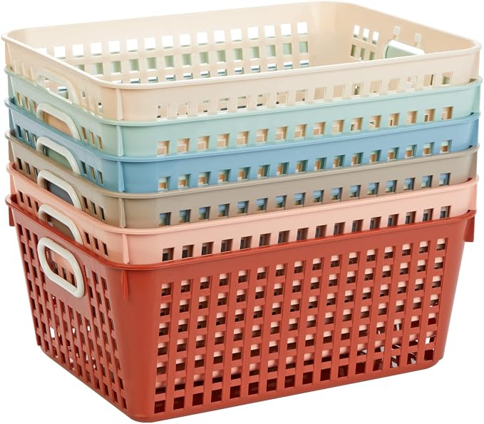 Really Good Stuff Large Plastic Storage Baskets with Handles, Boho Colors | 13.75" x 9.75" x 5", for Books & Supplies, Organize Classroom & Home - Image 2