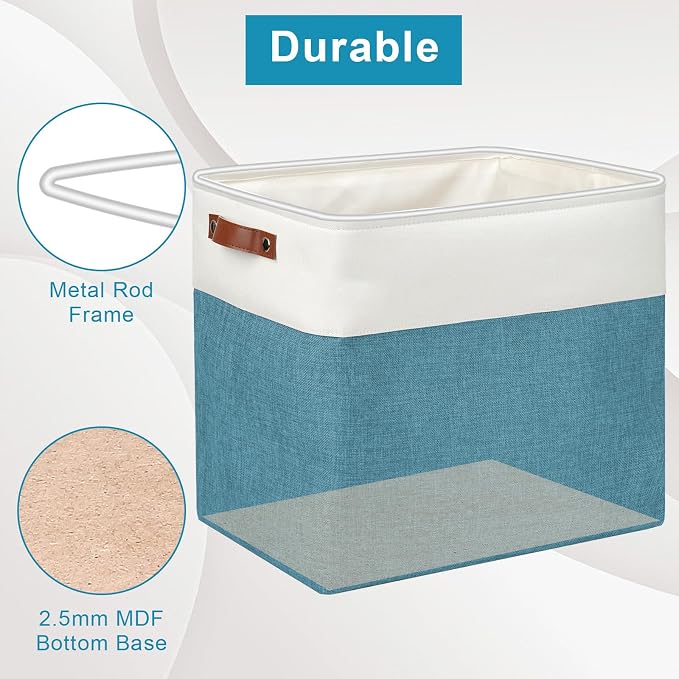 Large Fabric Storage Baskets | 50L Storage Bins, Decorative Linen Closet Baskets with Handles for Organizing, Shelf, Toys, Clothes, Home, Office, Nursery, 17x12x15Inches (Teal&White) - Image 4